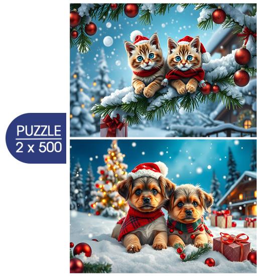 Puzzle Alipson Weihnachtskätzchen Und -Welpen 2x500 Teile