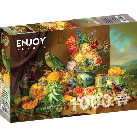 Genießen Sie Stillleben mit Blumen, Früchten und Papageien-Puzzl Genießen Sie Stillleben mit Blumen, Früchten und Papageien-Puzzl