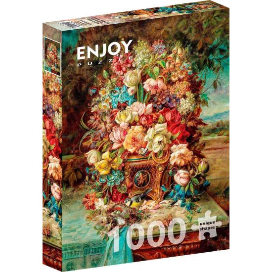 Puzzle Genießen Sie ein Blumenstillleben mit Blaumeise 1000 Teil