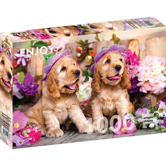 Puzzle Enjoy Spaniel-Welpen mit blumigen Hüten von 1000 P
