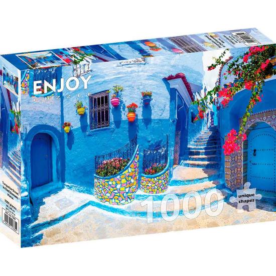 Puzzle Genießen Sie die türkisfarbene Straße in Chefchaouen, Mar