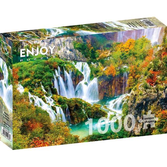 Genießen Sie die Plitvicer Wasserfälle im Herbst. Puzzle mit 100