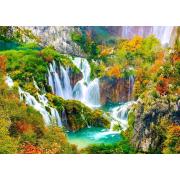 Genießen Sie die Plitvicer Wasserfälle im Herbst. Puzzle mit 100