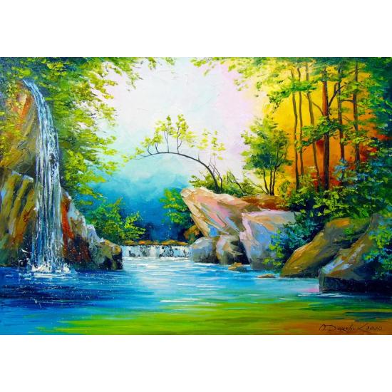 Puzzle „Genießen Sie im Wald in der Nähe des Wasserfalls“ 1000 T