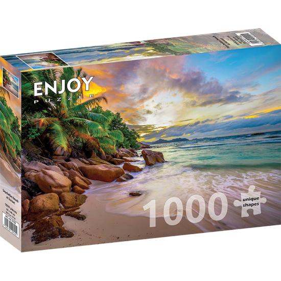 Puzzle Genießen Sie den Strand der Seychellen bei Sonnenuntergan