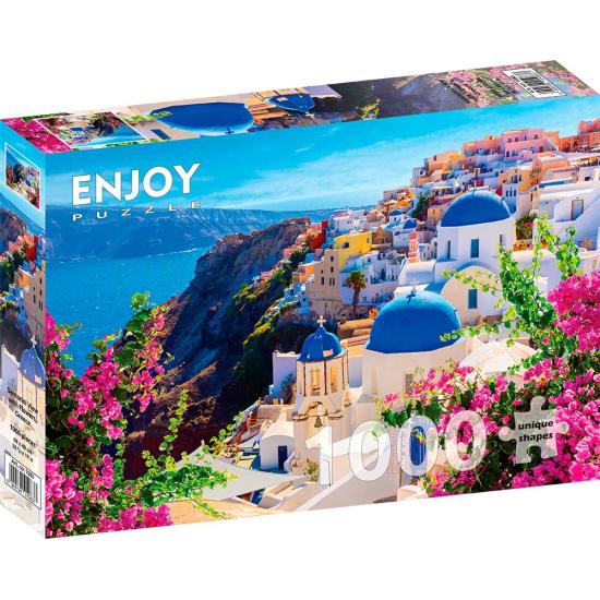 Puzzle Enjoy Sie den Blick auf Santorini mit Blumen, Griechen Puzzle Enjoy Sie den Blick auf Santorini mit Blumen, Griechen