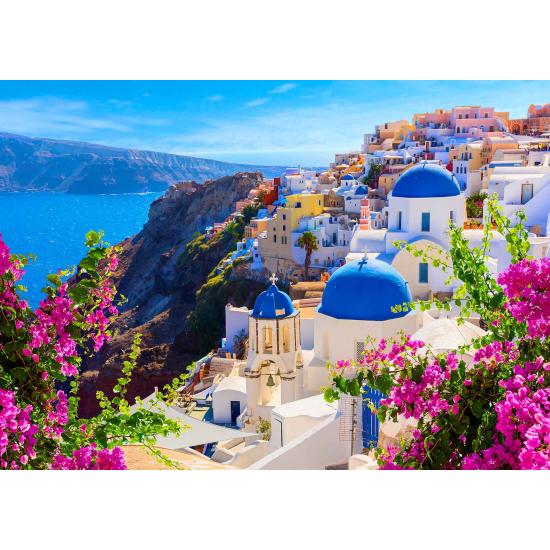 Puzzle Enjoy Sie den Blick auf Santorini mit Blumen, Griechen Puzzle Enjoy Sie den Blick auf Santorini mit Blumen, Griechen
